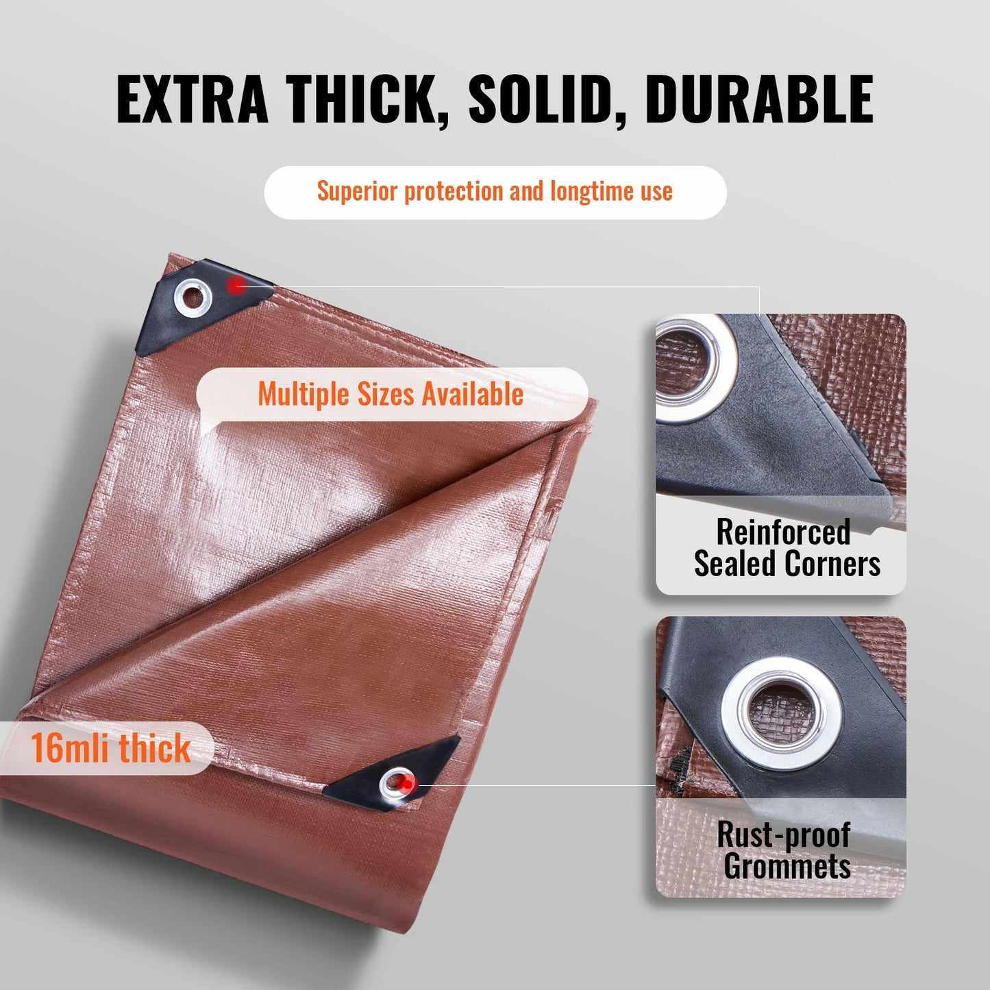 Heavy Duty, Waterproof, Tear-Proof, Poly Plastic Tarps w/ Grommets, Multi-Purpose