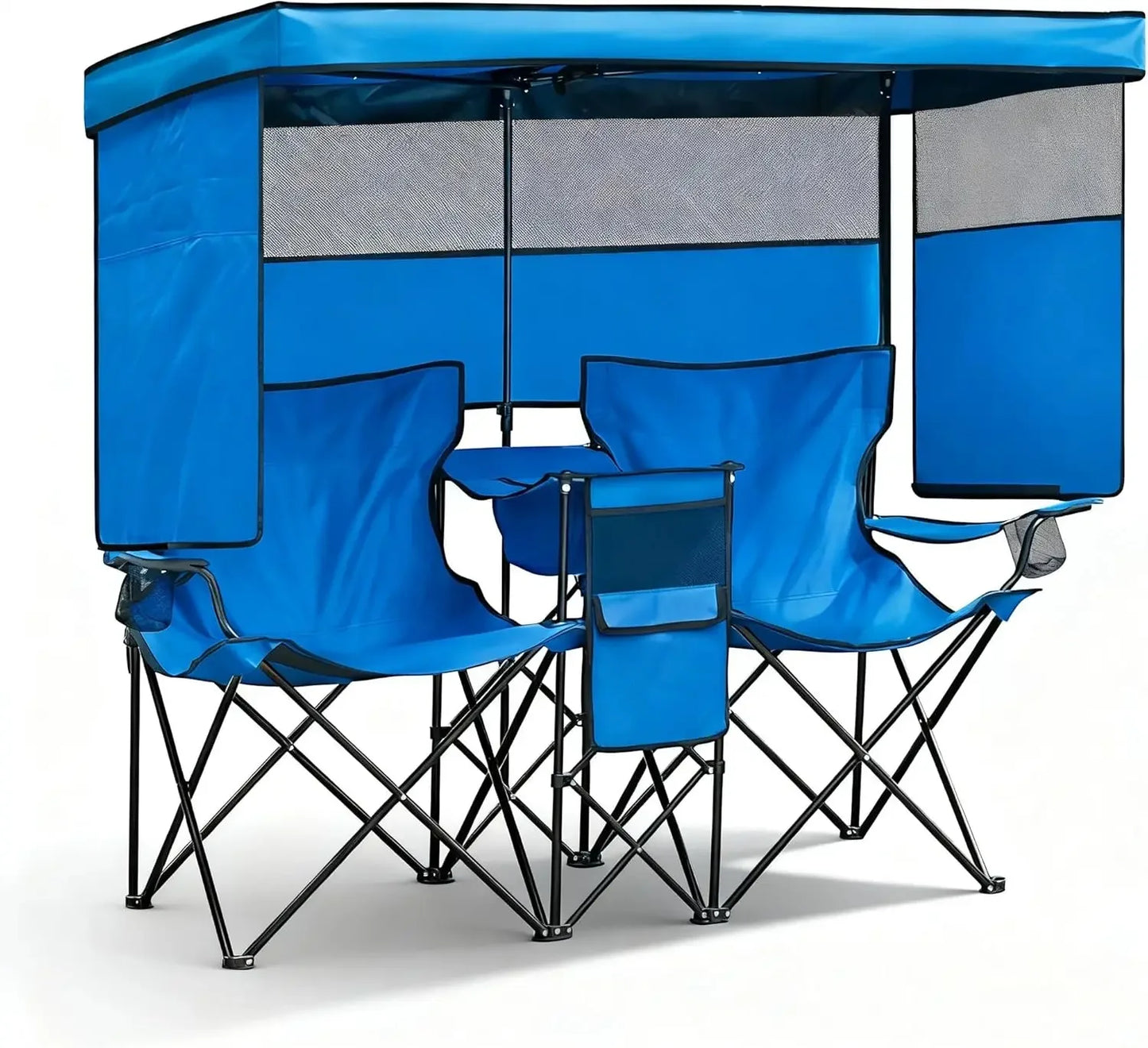 Double Beach or Camp Chair w/ Canopy Shade, Heavy Duty Chairs w/ Cup Holder, Folding