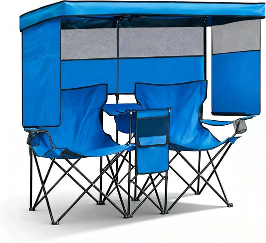 Double Beach or Camp Chair w/ Canopy Shade, Heavy Duty Chairs w/ Cup Holder, Folding