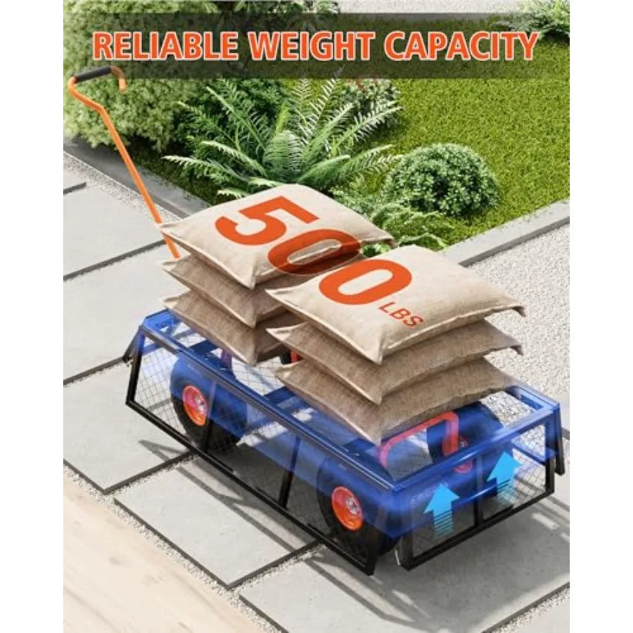 Garden Cart, Green Heavy Duty Steel w/ 500lbs Capacity, Mesh Design, Removable Sides, 10in Tires