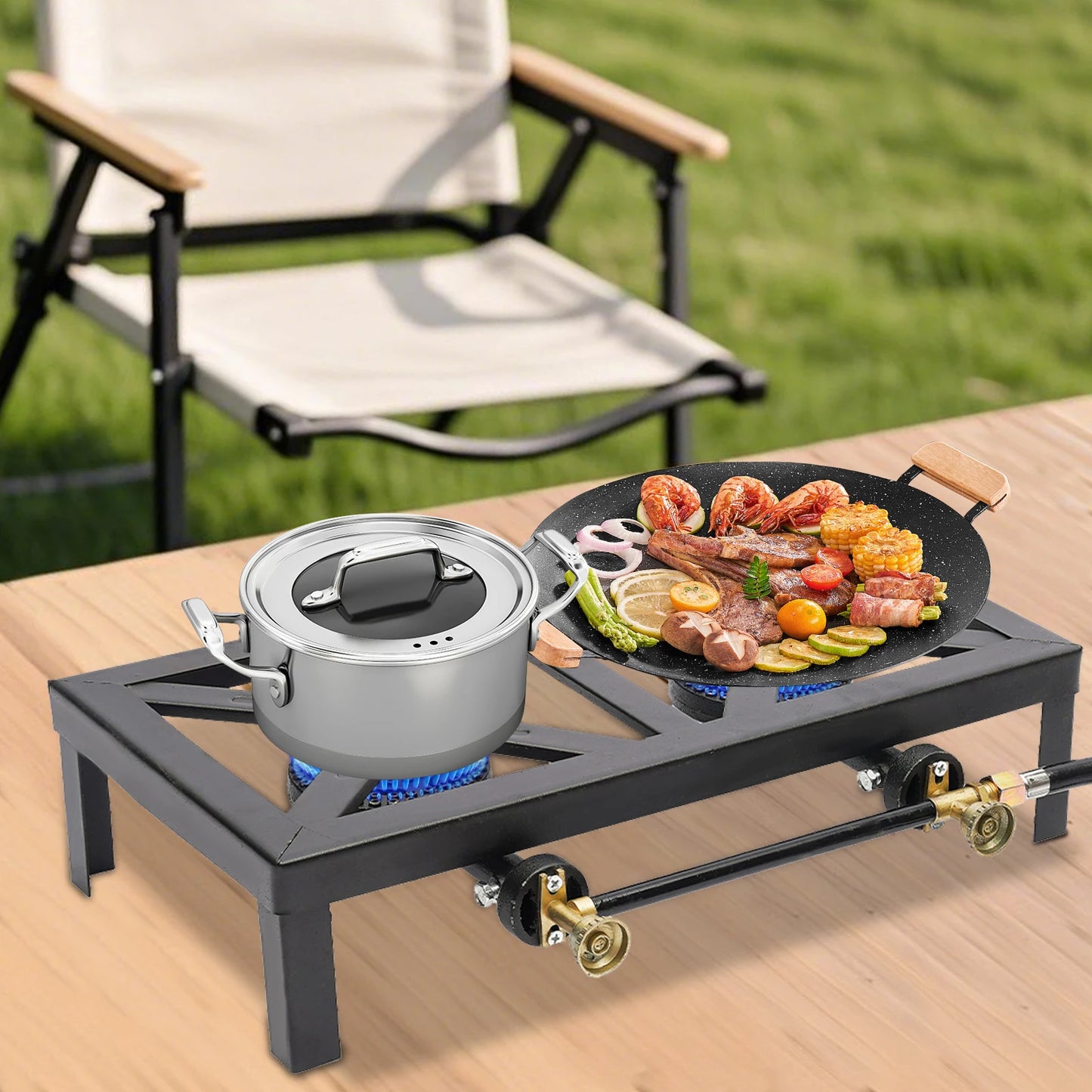 Portable Single or Double Burner, Outdoor Propane Gas Stove w/ Adjustable Regulator & Hose