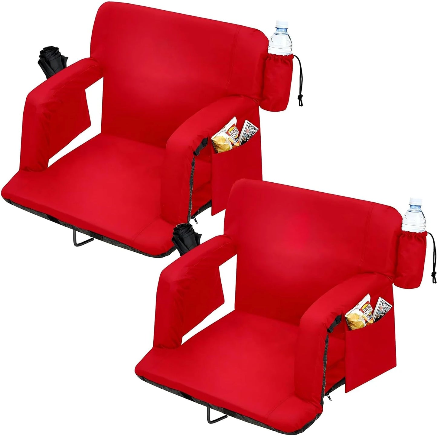 Portable Reclining Stadium Bleacher Seat Chairs, 2 Pcs Set w/ Padded Backrest & Adjustable Armrests