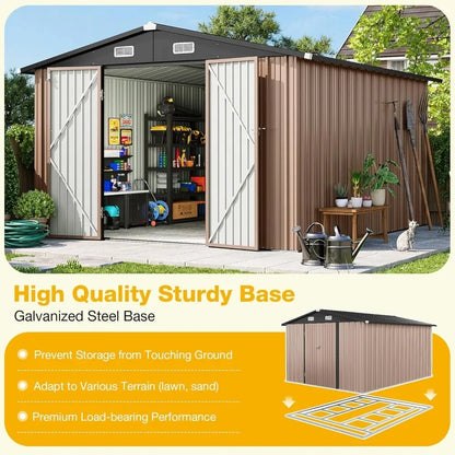 Outdoor Storage Shed 10x12 with Floor Foundation & Lockable Double Doors, Galvanized Steel Shed