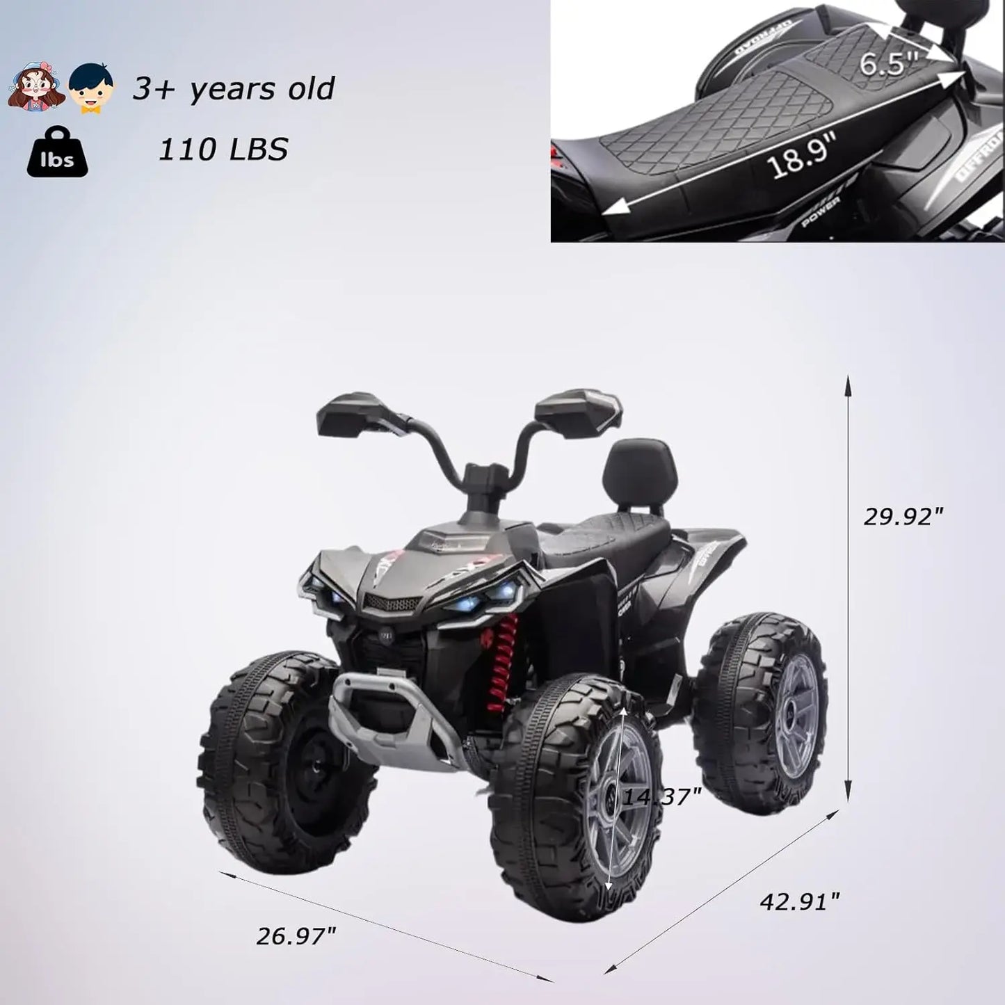 24V Kids Electric ATV 4-Wheeler (2-Seater) Ride on Toy, Dual 550w Motor
