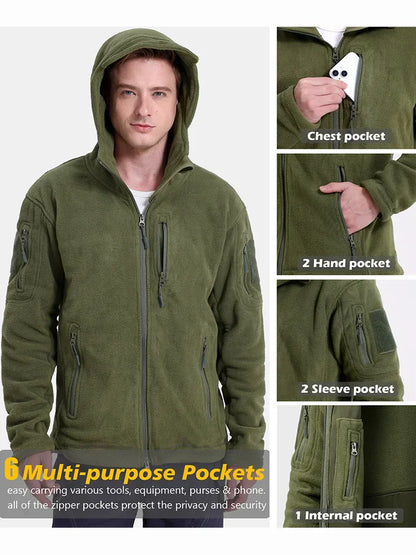 Men's Tactical Hunting Fleece Jacket, Warm, Full Zip Hoodies, Multi-Pockets