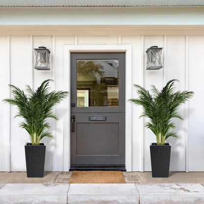 Outdoor Planters, 16" Tall Flowers Pots, Set of 2 w/ Tray, Wicker Design w/ Water Level Indicator, Indoor/Outdoor