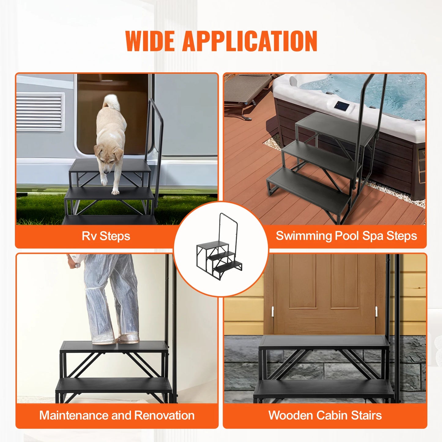 RV Steps, 2,3 or 4-Step Non-Slip Stairs, 440 LBS Load Capacity, Carbon Steel, w/ Handrail