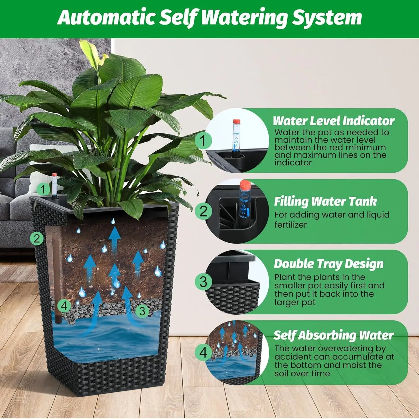 Outdoor Planters, 16" Tall Flowers Pots, Set of 2 w/ Tray, Wicker Design w/ Water Level Indicator, Indoor/Outdoor