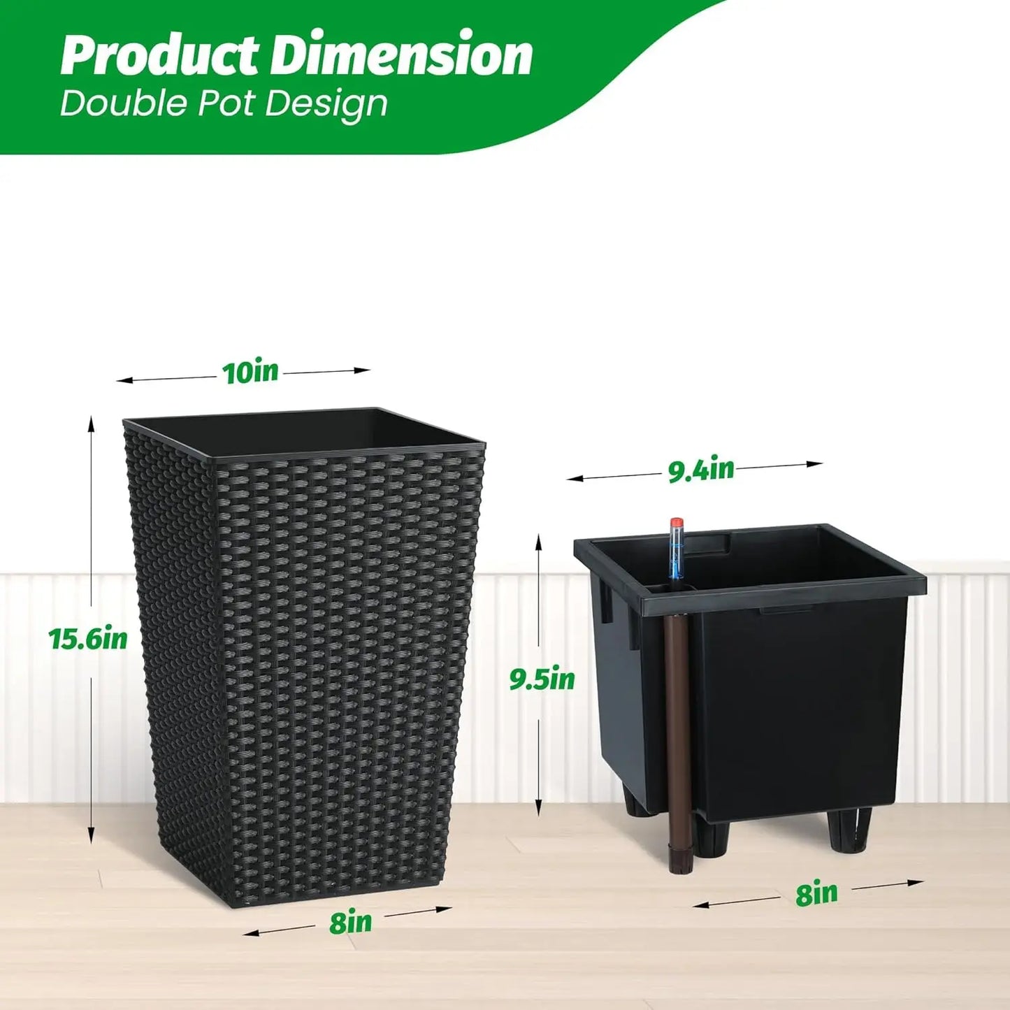 Outdoor Planters, 16" Tall Flowers Pots, Set of 2 w/ Tray, Wicker Design w/ Water Level Indicator, Indoor/Outdoor