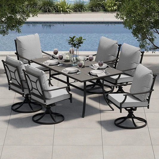 Patio Dining Set, 6 Swivel Chairs w/ Cushions, & Black Rectangular Faux Woodgrain Table