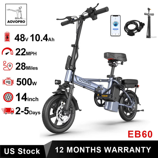 Electric Bike, 14'' Foldable, 500W 48V 10.4AH Battery, 22MPH Max Speed, 28Miles Range