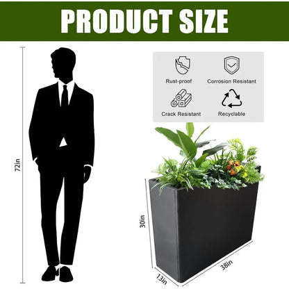 Tall Metal Rectangular Planter, 38" L x 13" W x 30" H, Black Outdoor Planter with Drainage, Adjustable Balance