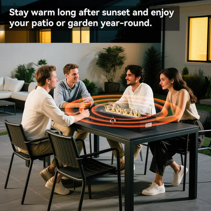 Tabletop Fire Pit 28" Propane Gas, Bottom Mounted for Table with Umbrella Hole, Glass Wind Guard