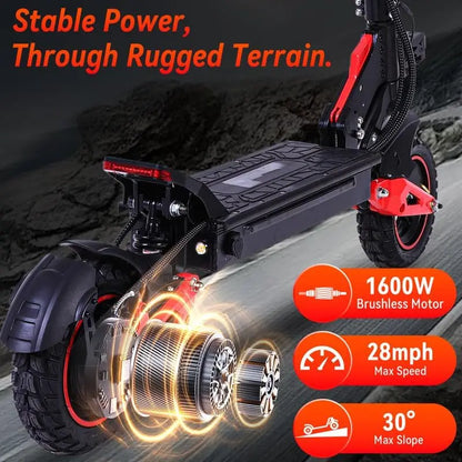 Electric Scooter, 1600W Motor, Top Speed 32MPH, 48V18AH, 11-inch Off-Road Tires, Adult Sport Folding EScooter w/ Seat