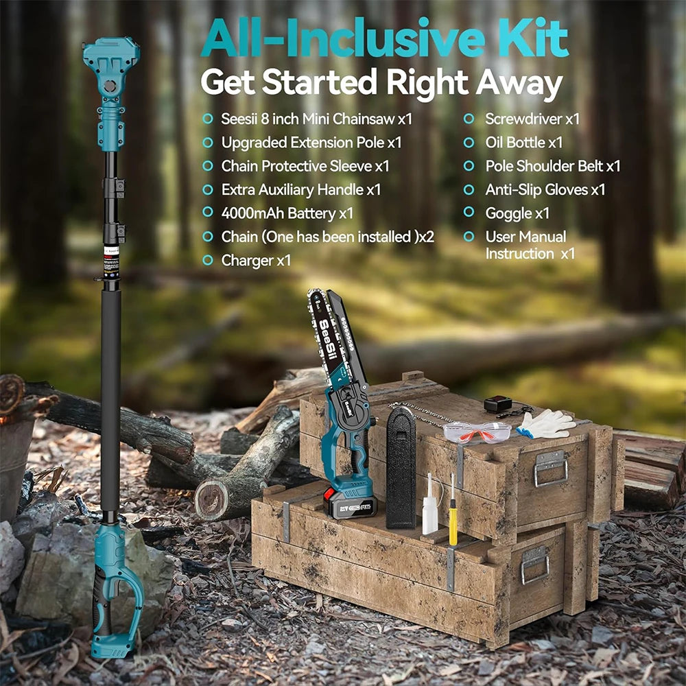 High Branch Pole Saw, Cordless 8'' Electric Chainsaw w/ 3 M Extension Pole, Tree Trimming, Limb Cutter, Pruner