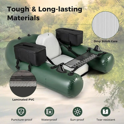 Inflatable Float Tube, Fishing Belly Boat, with 2 Detachable Storage Bags, Pump, Carry Bag