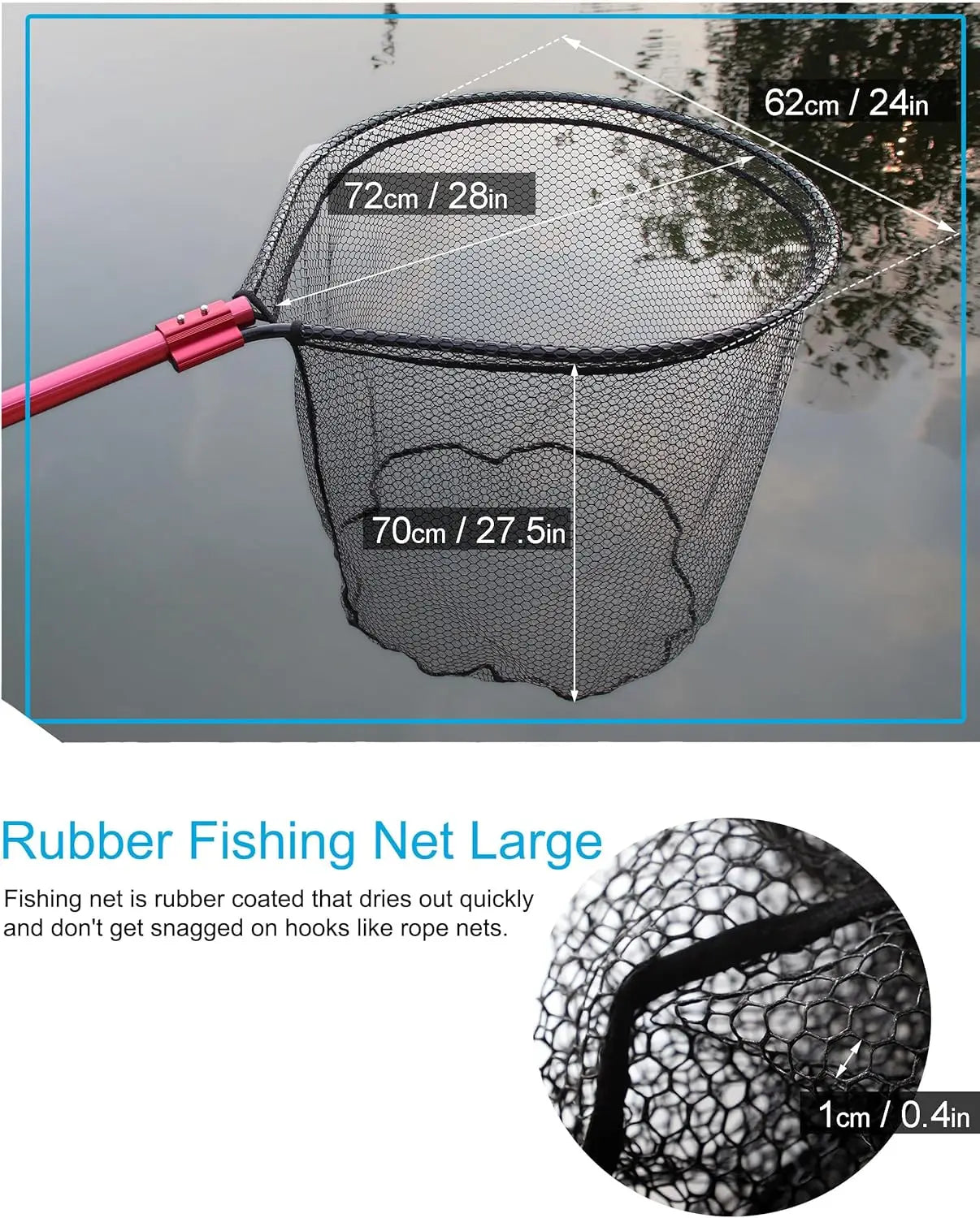 Large Rubber Fishing Net, Telescoping Handle, Extends to 94in, for Fresh or Saltwater