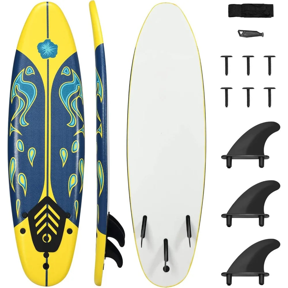 Surfboard, 6' Body Board w/ Removable Fins & Protective Leash, Non-Slip Surf Board