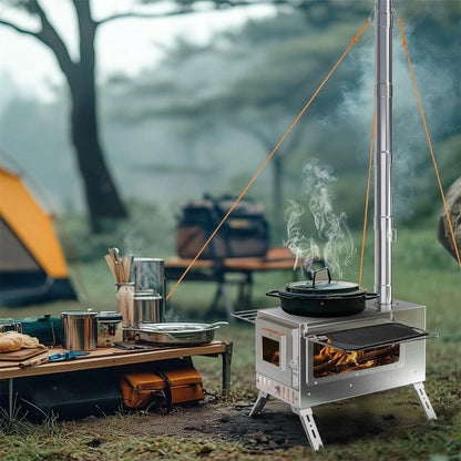 Hot Tent Stove, Portable Wood Burning, w/ 6 Stainless Chimney Pipes for Outdoor Heating & Cooking