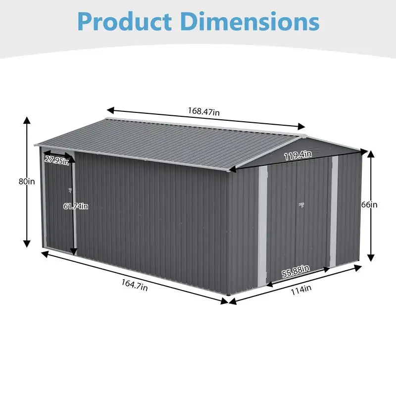Outdoor Metal Storage Shed, Large 10x14 FT. Garden Tool Shed, 3 Lockable Doors, Waterproof