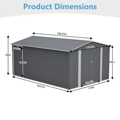 Outdoor Metal Storage Shed, Large 10x14 FT. Garden Tool Shed, 3 Lockable Doors, Waterproof