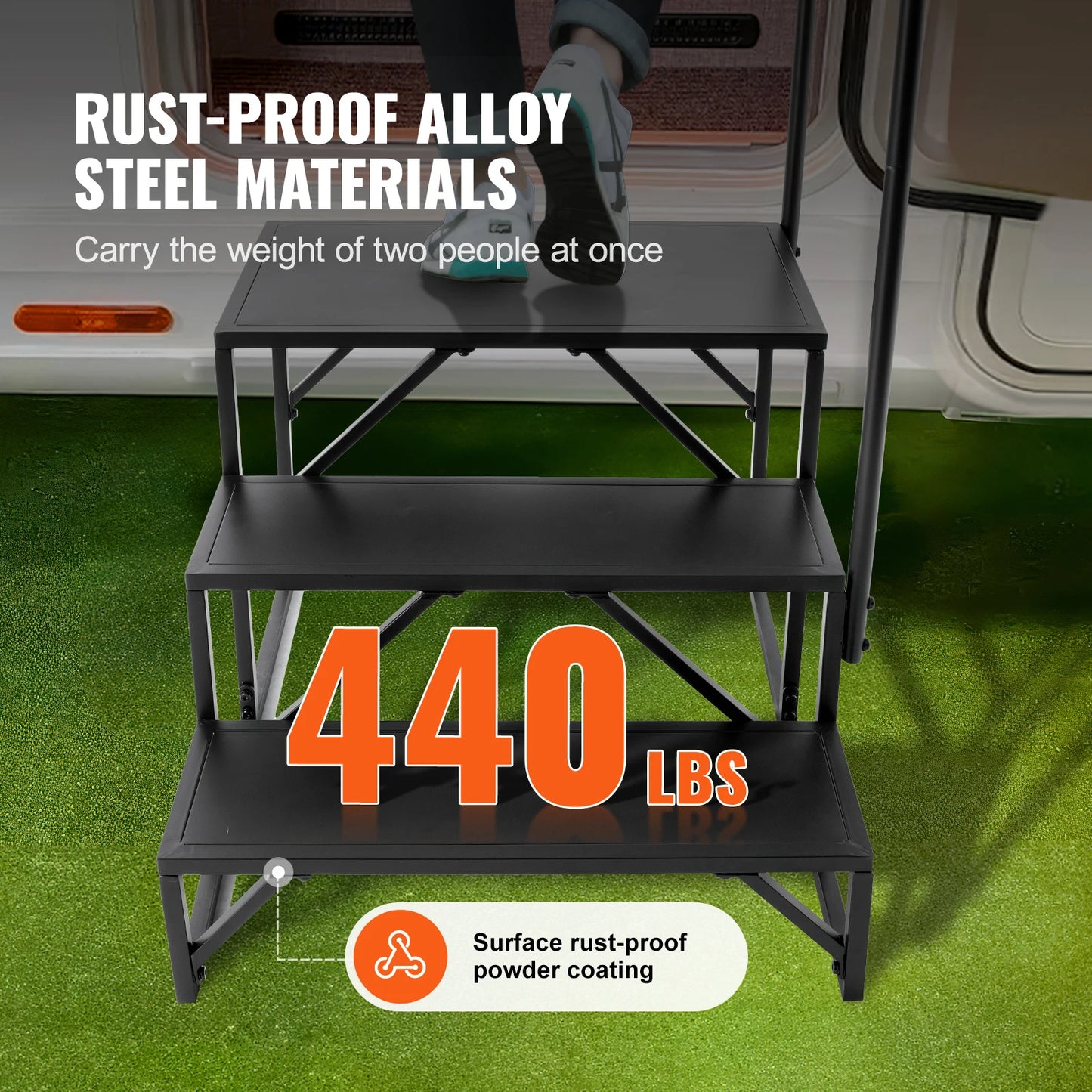 RV Steps, 2,3 or 4-Step Non-Slip Stairs, 440 LBS Load Capacity, Carbon Steel, w/ Handrail