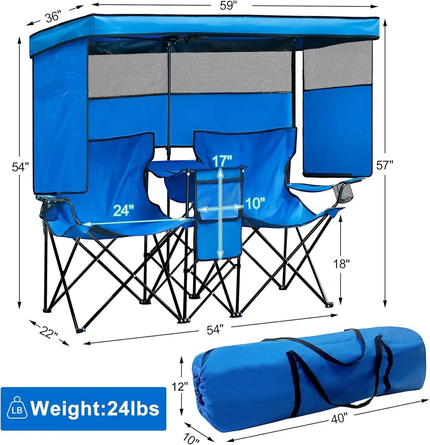 Double Beach or Camp Chair w/ Canopy Shade, Heavy Duty Chairs w/ Cup Holder, Folding