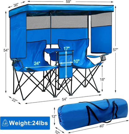 Double Beach or Camp Chair w/ Canopy Shade, Heavy Duty Chairs w/ Cup Holder, Folding