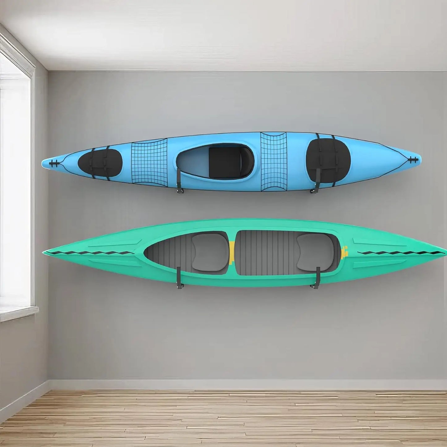 Wall Mount Kayak Storage Rack w/ Hooks for Garage, Holds Kayaks, Surfboards, Skis, Snowboards, and Paddle Boards