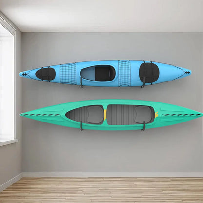 Wall Mount Kayak Storage Rack w/ Hooks for Garage, Holds Kayaks, Surfboards, Skis, Snowboards, and Paddle Boards