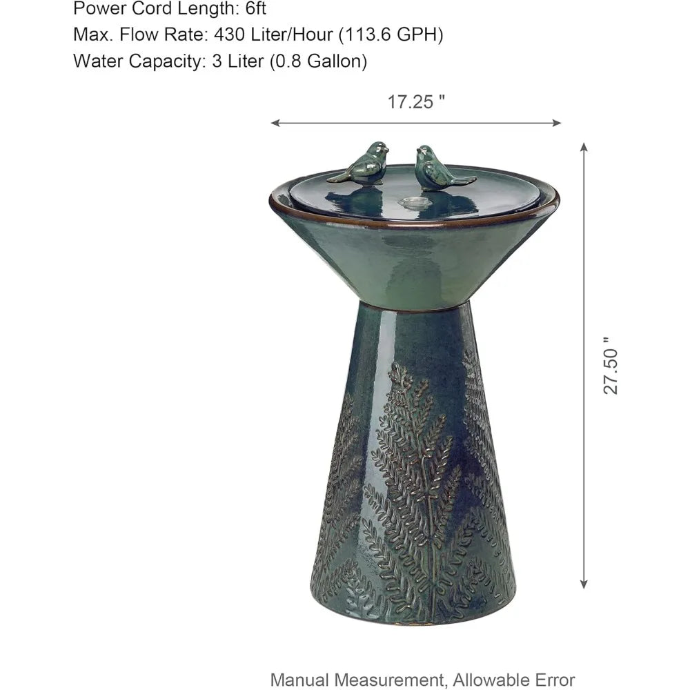 Bird Bath, Water Fountain with LED Light and Pump, Turquoise Ceramic Pedestal