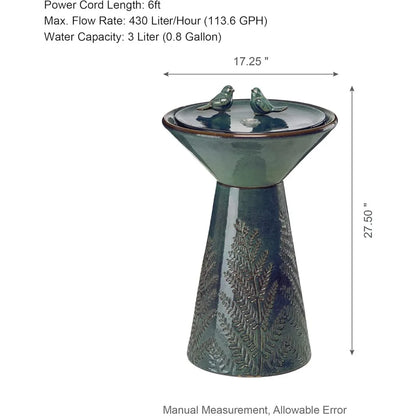 Bird Bath, Water Fountain with LED Light and Pump, Turquoise Ceramic Pedestal