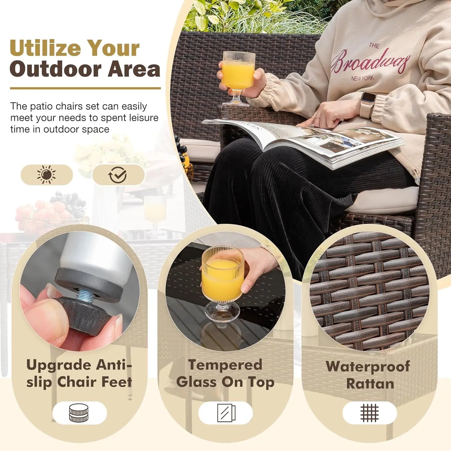 Outdoor Patio Furniture Set, Rattan Wicker Chairs Outdoor or Indoor Use
