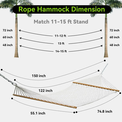 Double Hammock for Two, Handwoven Rope w/ Spreader Bar - Indoor Outdoor
