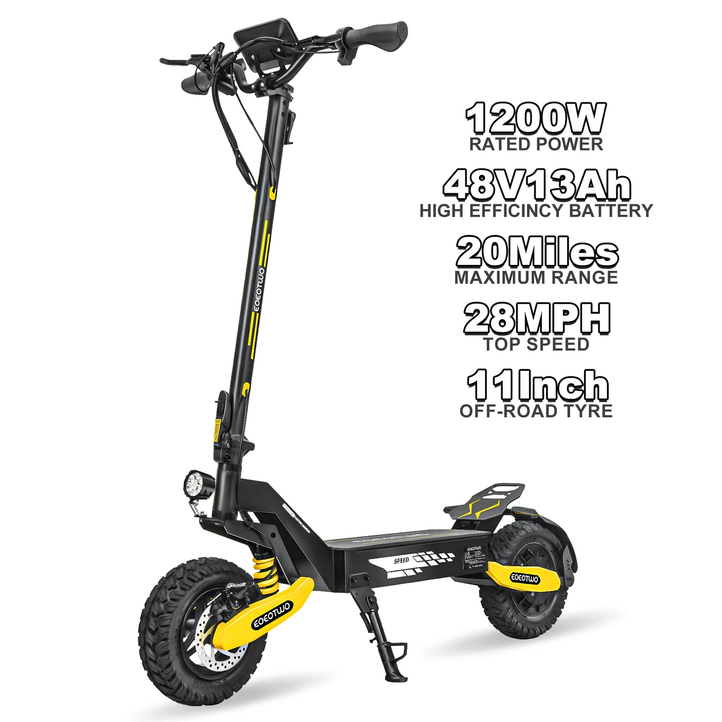Off Road 1200W Electric Scooter for Adults, 48V Long Range E-Scooter, 30MPH Fast Speed, 11" Tubeless Tire, Foldable, Kick Stand
