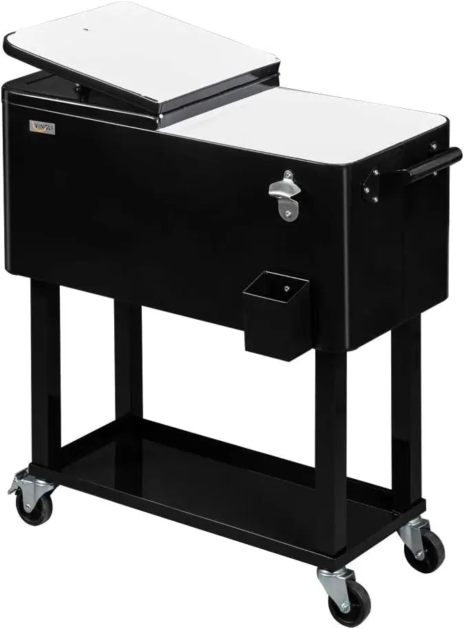 Rolling Ice Chest, 80 Quart, Patio Bar Drink Cooler Cart, w/ Shelf & Bottle Opener