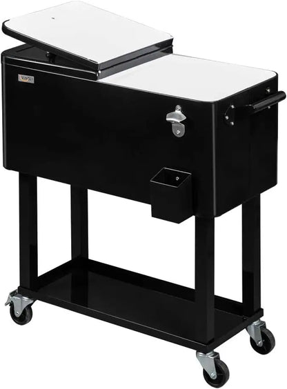 Rolling Ice Chest, 80 Quart, Patio Bar Drink Cooler Cart, w/ Shelf & Bottle Opener