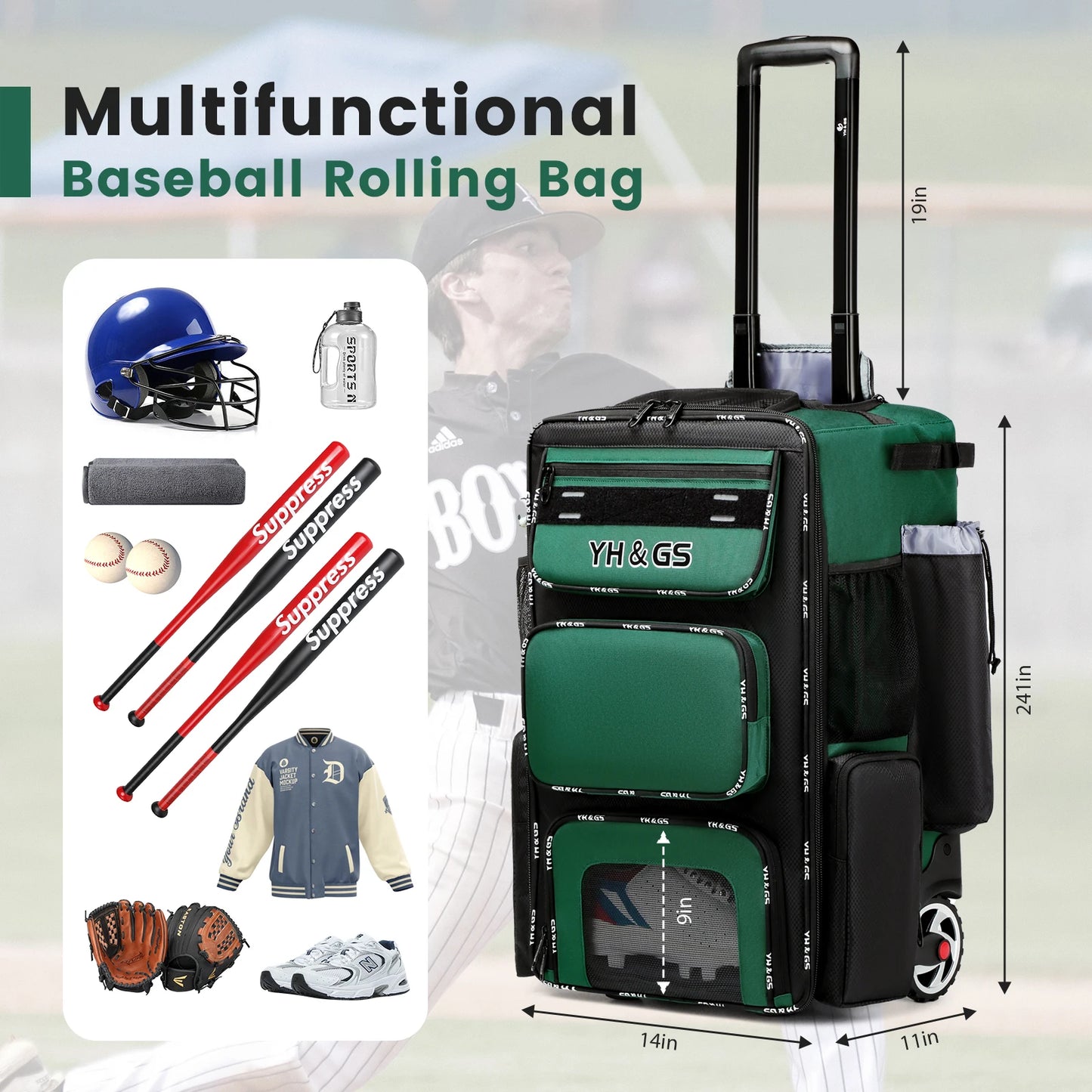 Sports Trolley Baseball or Softball Bag, Large Capacity Multi Compartment, Waterproof