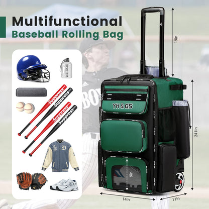 Sports Trolley Baseball or Softball Bag, Large Capacity Multi Compartment, Waterproof