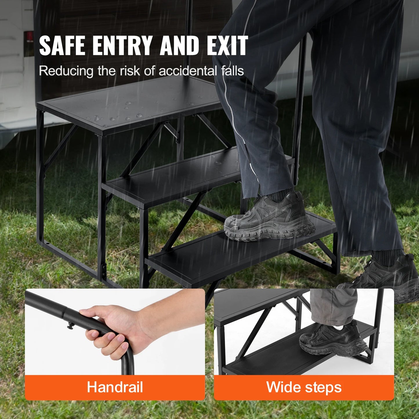 RV Steps, 2,3 or 4-Step Non-Slip Stairs, 440 LBS Load Capacity, Carbon Steel, w/ Handrail