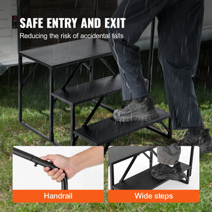 RV Steps, 2,3 or 4-Step Non-Slip Stairs, 440 LBS Load Capacity, Carbon Steel, w/ Handrail