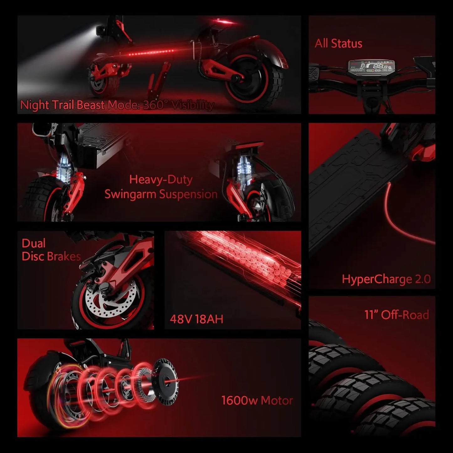 Electric Scooter, 1600W Motor, Top Speed 32MPH, 48V18AH, 11-inch Off-Road Tires, Adult Sport Folding EScooter w/ Seat