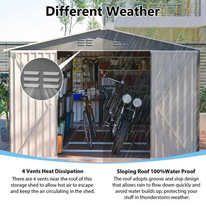 Outdoor Metal Storage Shed, Large 10x14 FT. Garden Tool Shed, 3 Lockable Doors, Waterproof