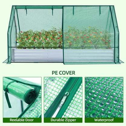 Galvanized Raised 8x4ft Garden Bed w/ Greenhouse Cover, 4 Doors Ventilation, 3-in-1 Planter Box, for Vegetables Flowers, Herbs