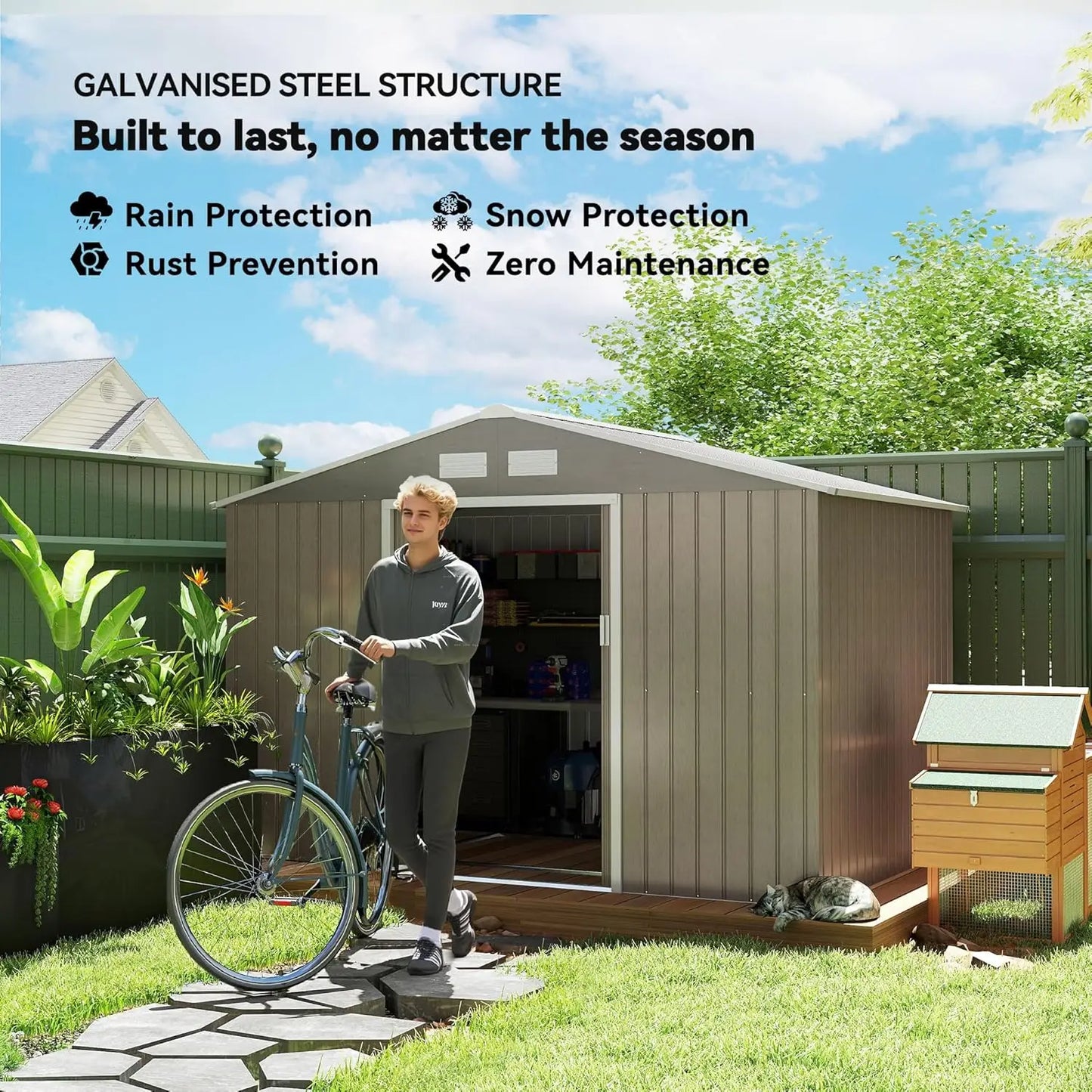 Metal Outdoor Storage 9x6 FT, Tool House Double Lockable Door, Air Vents Sloping Roof Backyard